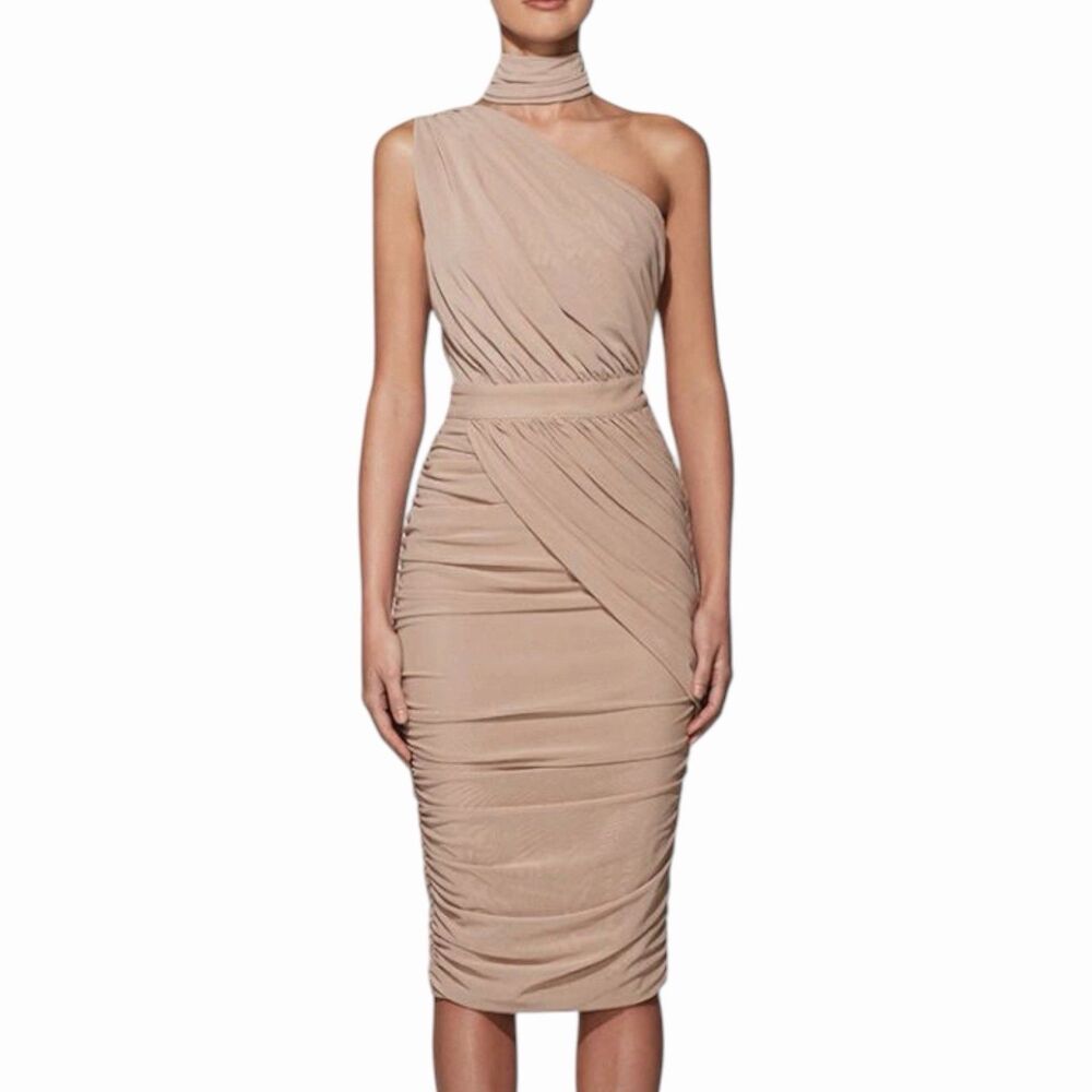 Misha Collection Savannah Dress Nude Draped Ruched One Shoulder Chic Cocktail M